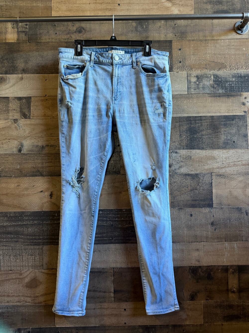 PacSun Stacked Skinny Jeans- Mens 33x30 -Light Wash Blue Distressed Ripped Denim